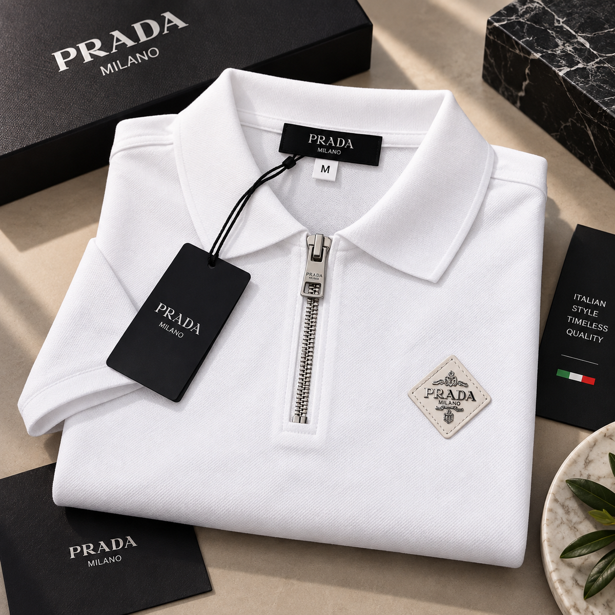 Prada Ανδρική Polo Μπλούζα με Φερμουάρ – Λευκή