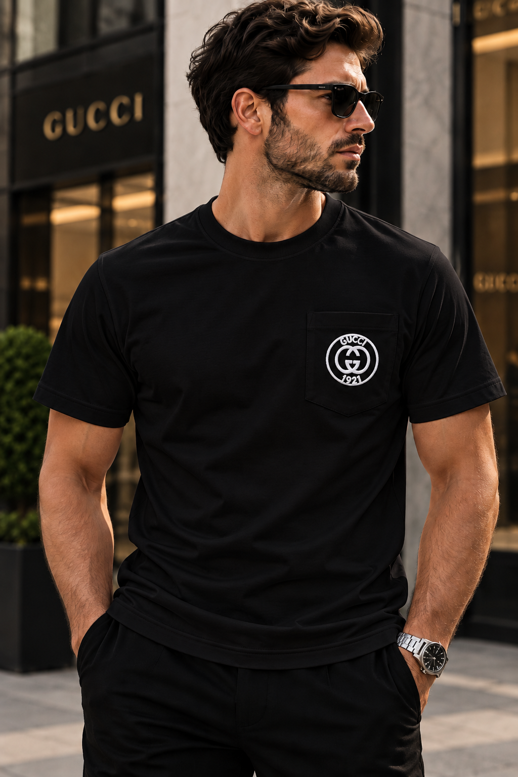 Gucci T-Shirt με Κεντημένο Logo & Τσέπη – Μαύρο