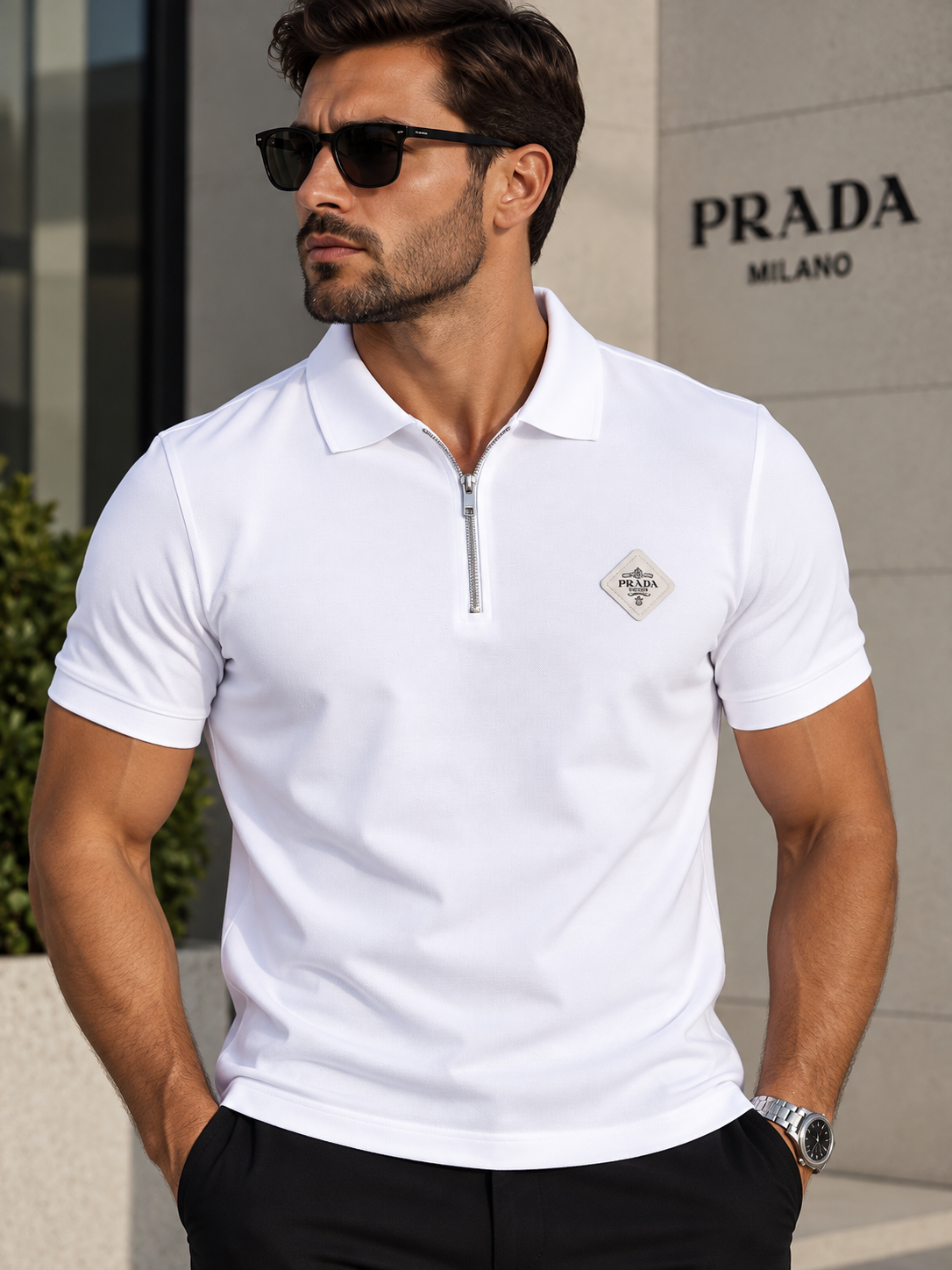 Prada Ανδρική Polo Μπλούζα με Φερμουάρ – Λευκή