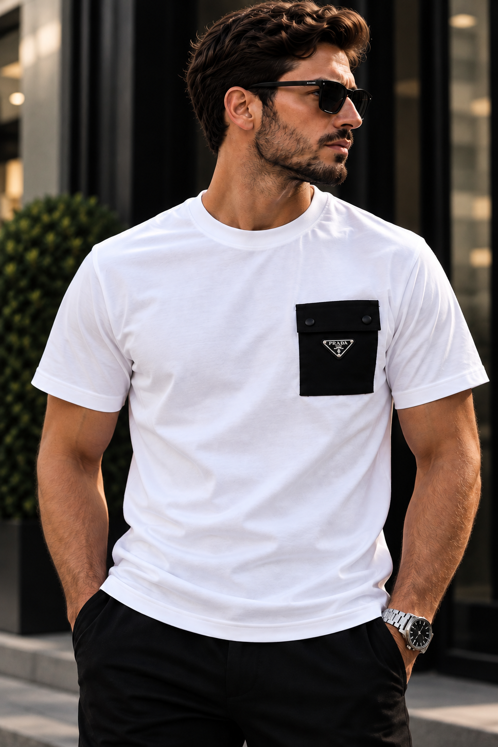 Premium T-Shirt Prada με Τσέπη & Logo – Λευκό