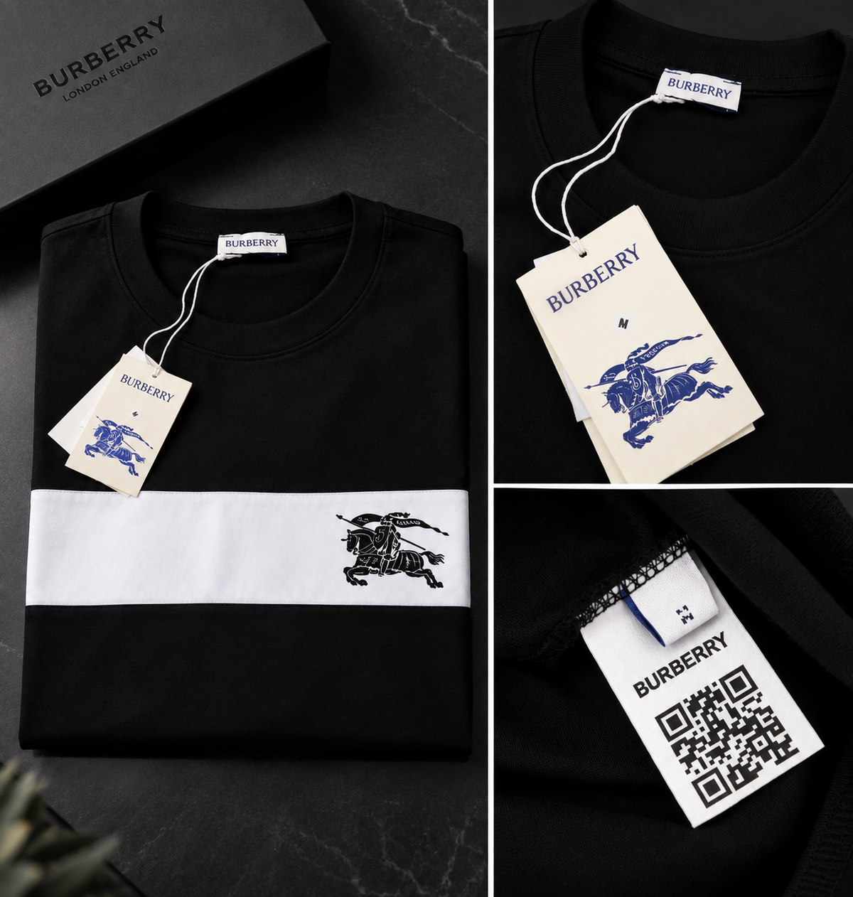 Burberry Premium T-Shirt Μαύρο με Λευκή Λωρίδα