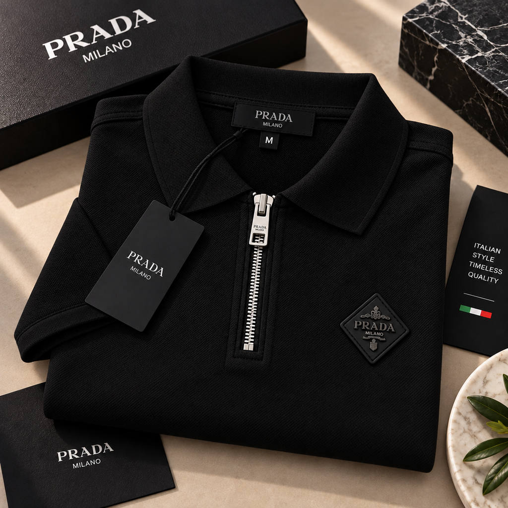Prada Ανδρική Polo Μπλούζα με Φερμουάρ – Μαύρο