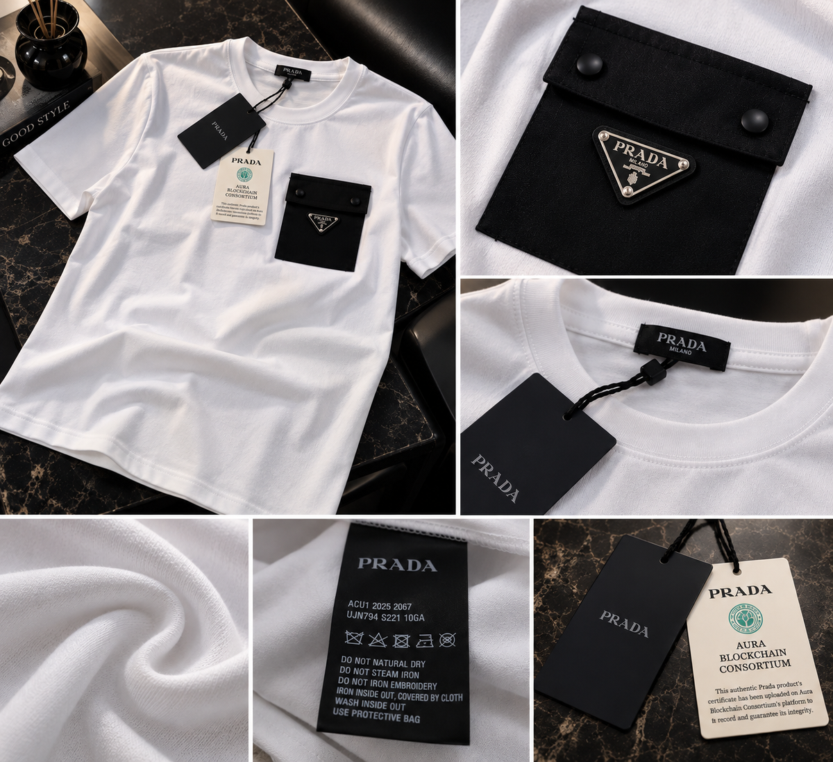Premium T-Shirt Prada με Τσέπη & Logo – Λευκό