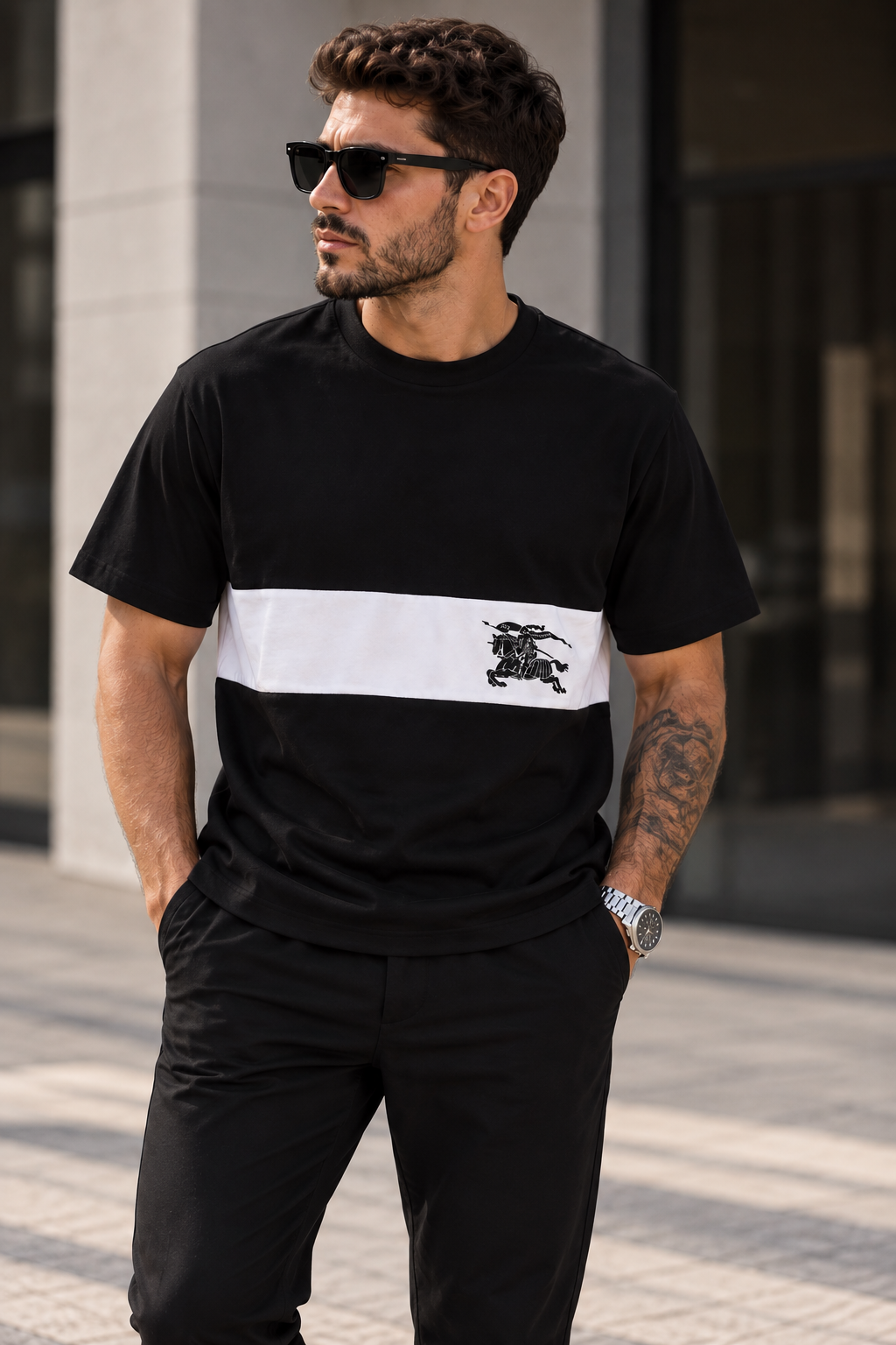 Burberry Premium T-Shirt Μαύρο με Λευκή Λωρίδα