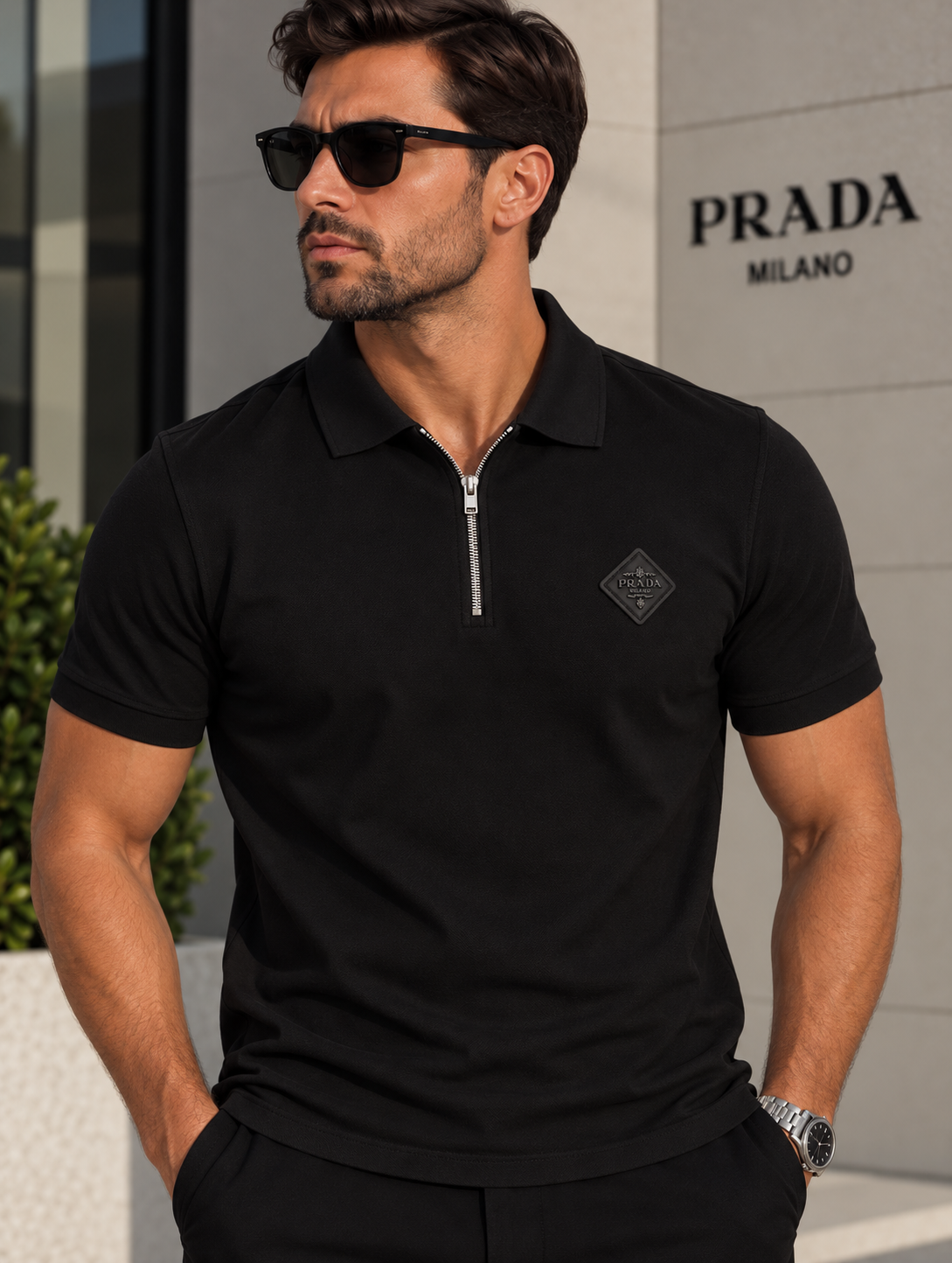 Prada Ανδρική Polo Μπλούζα με Φερμουάρ – Μαύρο